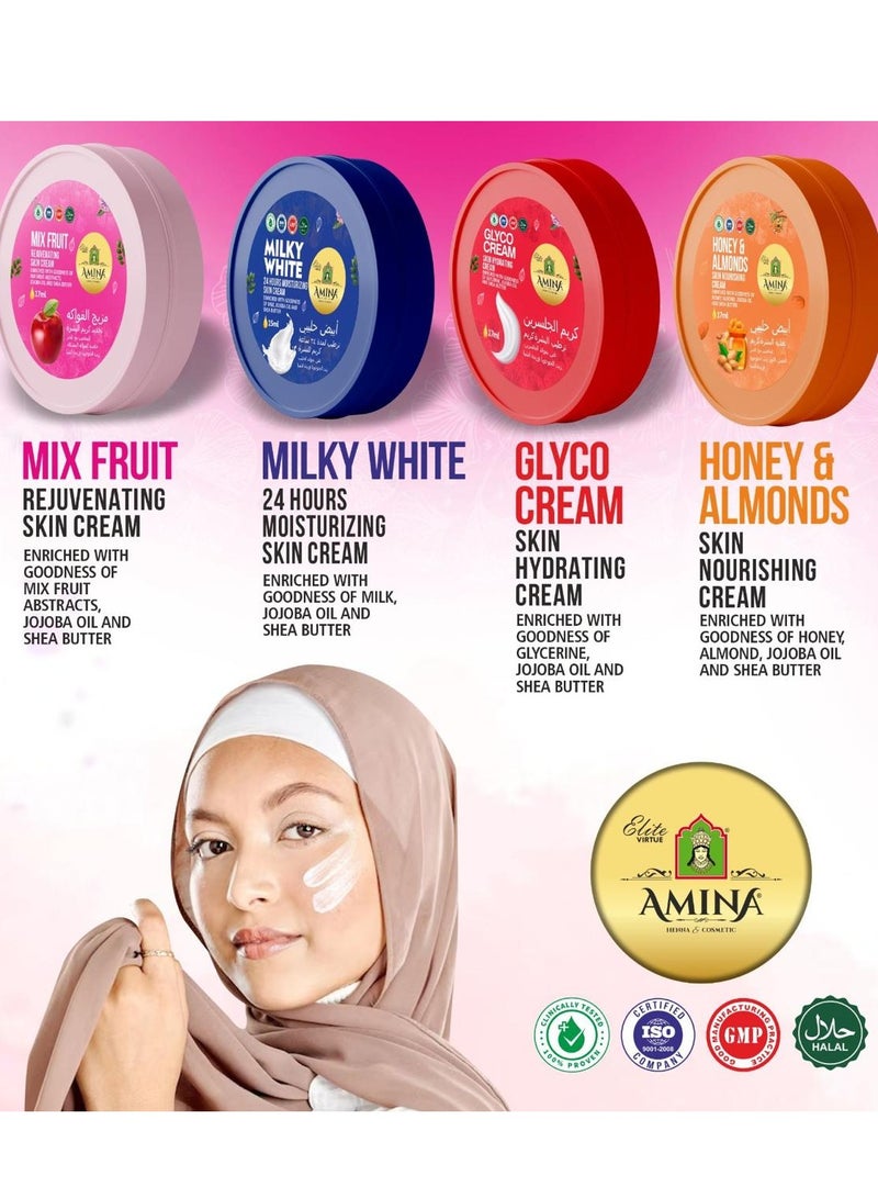 Amina Combo Of Milky, Glyco, Honey & Almond, Mix Fruit Moisturizing Cream with a lightweight, nourishing formula, Beauty cream, Skin Whiting for soft smooth skin, 17 ml (Pack of 12) - Image 2