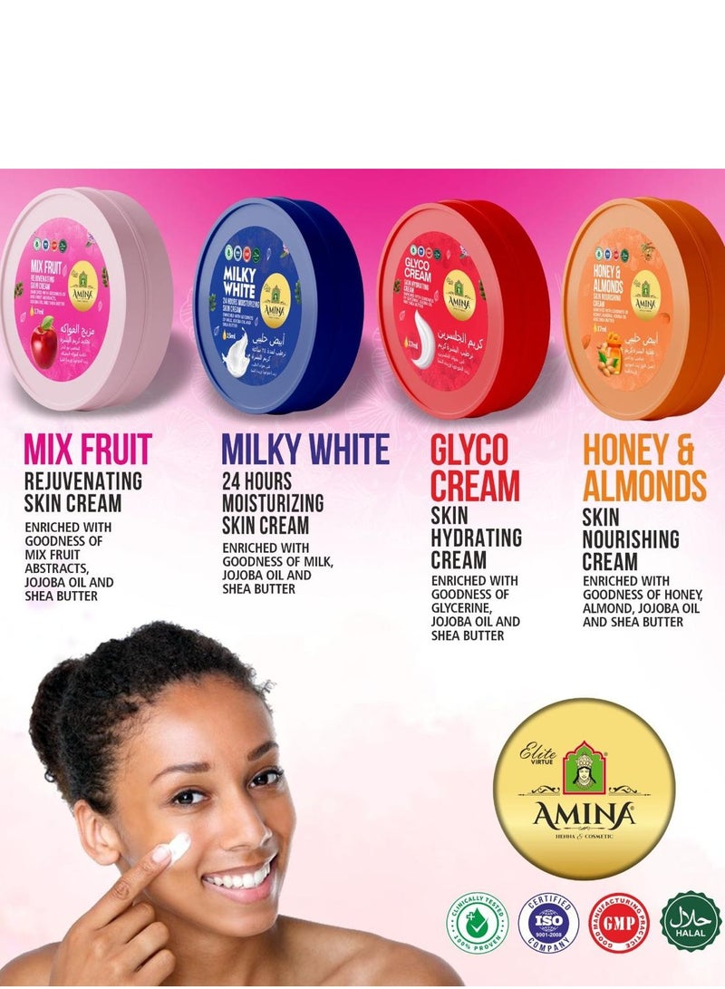 Amina Combo Of Milky, Glyco, Honey & Almond, Mix Fruit Moisturizing Cream with a lightweight, nourishing formula, Beauty cream, Skin Whiting for soft smooth skin, 17 ml (Pack of 12) - Image 5