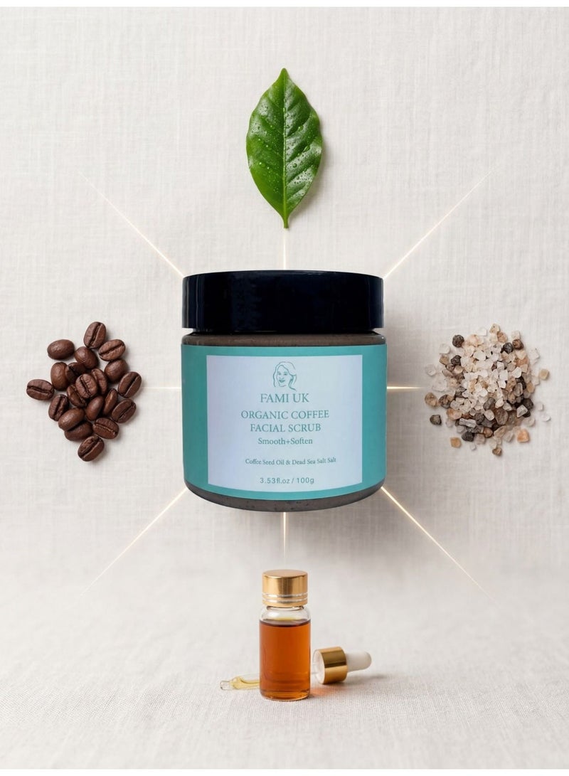 FAMIUK FAMI UK Organic Coffee Facial Scrub | Smooth + Soften | Coffee Seed Oil & Dead Sea Salt | Exfoliating | Cruelty-Free & Vegan | 100g - Image 2