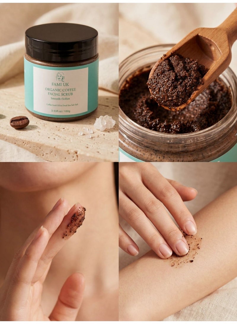 FAMIUK FAMI UK Organic Coffee Facial Scrub | Smooth + Soften | Coffee Seed Oil & Dead Sea Salt | Exfoliating | Cruelty-Free & Vegan | 100g - Image 5
