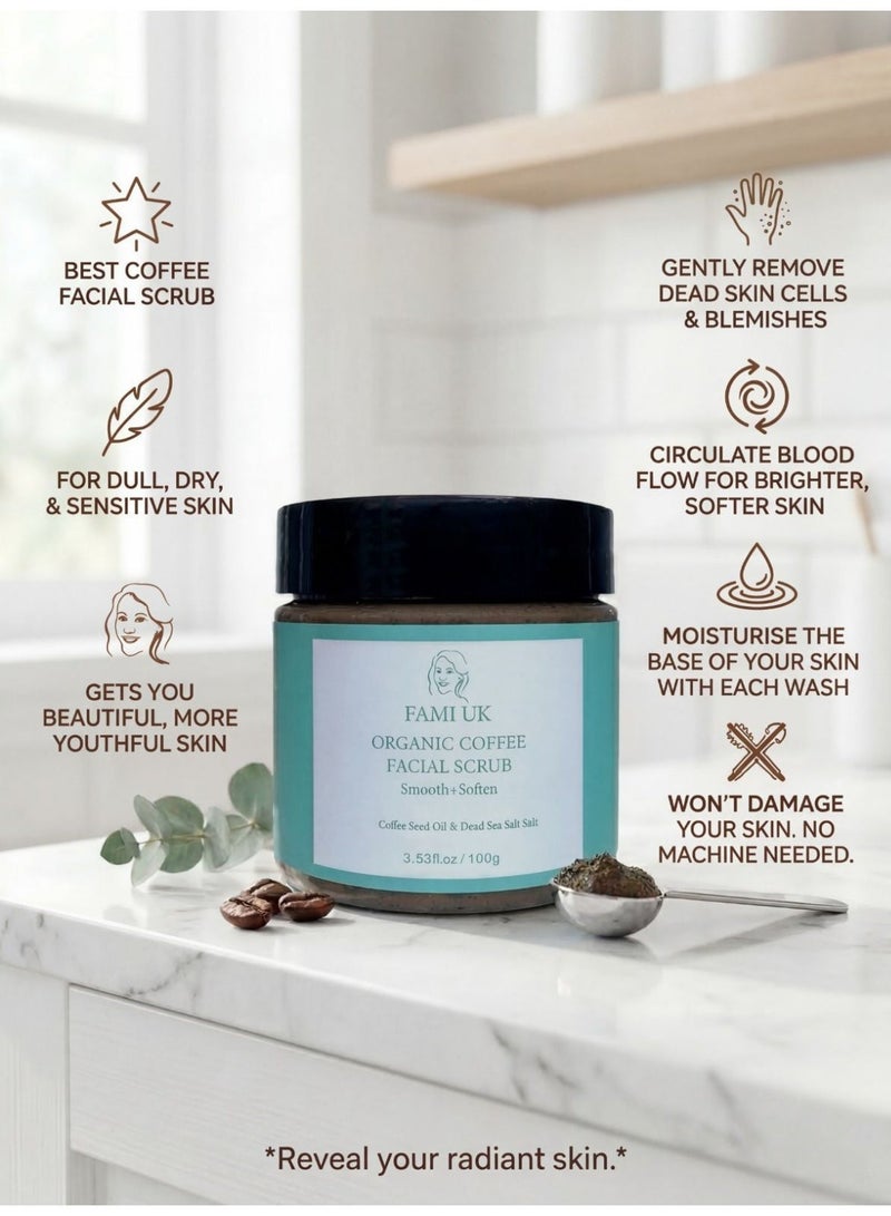 FAMIUK FAMI UK Organic Coffee Facial Scrub | Smooth + Soften | Coffee Seed Oil & Dead Sea Salt | Exfoliating | Cruelty-Free & Vegan | 100g - Image 3
