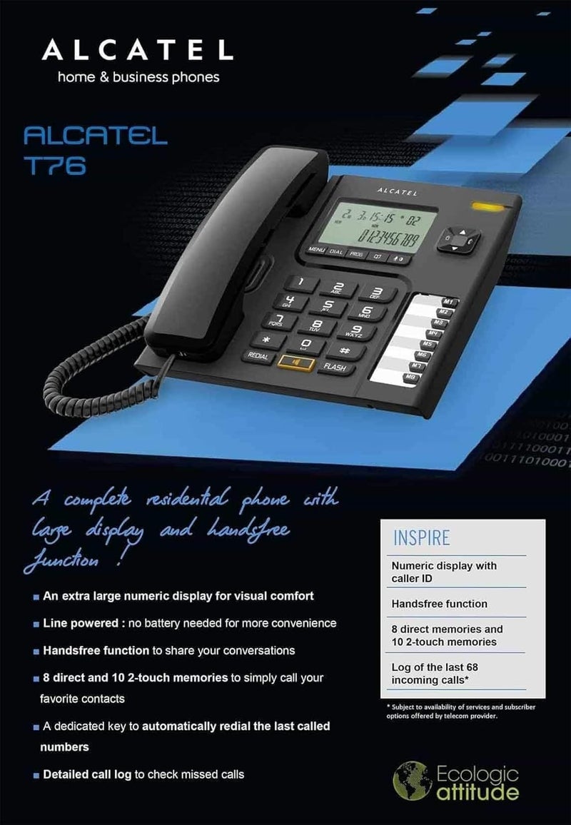 Alcatel هاتف أرضي سلكي أسود T-76 مع معرف المتصل ووظيفة السماعة الحرة (عبوة من 2) - Image 2
