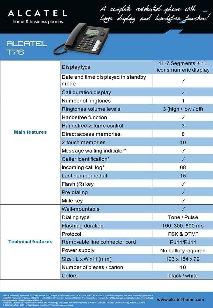 Alcatel هاتف أرضي سلكي أسود T-76 مع معرف المتصل ووظيفة السماعة الحرة (عبوة من 2) - Image 3