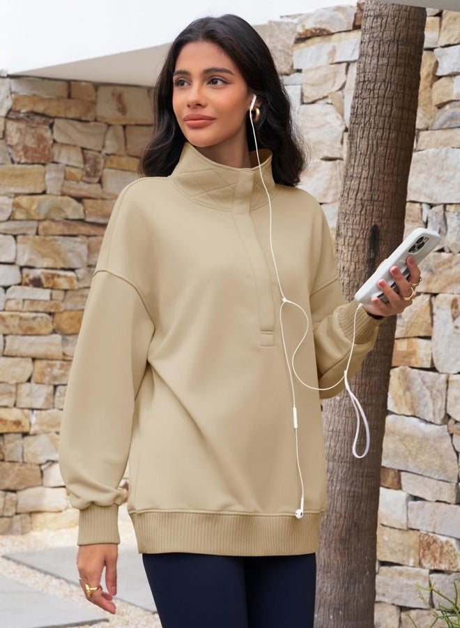 Fisoew Womens Oversized Sweatshirts Casual Long Sleeve Snap Button Henley Neck Loose Fit Fall Pullover Tops, Khaki, XL - Image 5