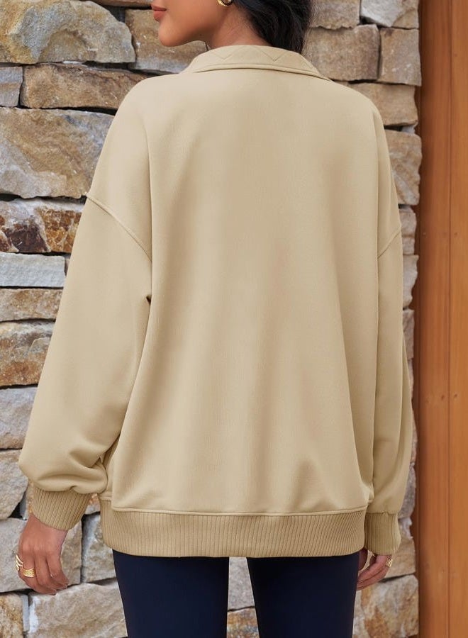 Fisoew Womens Oversized Sweatshirts Casual Long Sleeve Snap Button Henley Neck Loose Fit Fall Pullover Tops, Khaki, XL - Image 4
