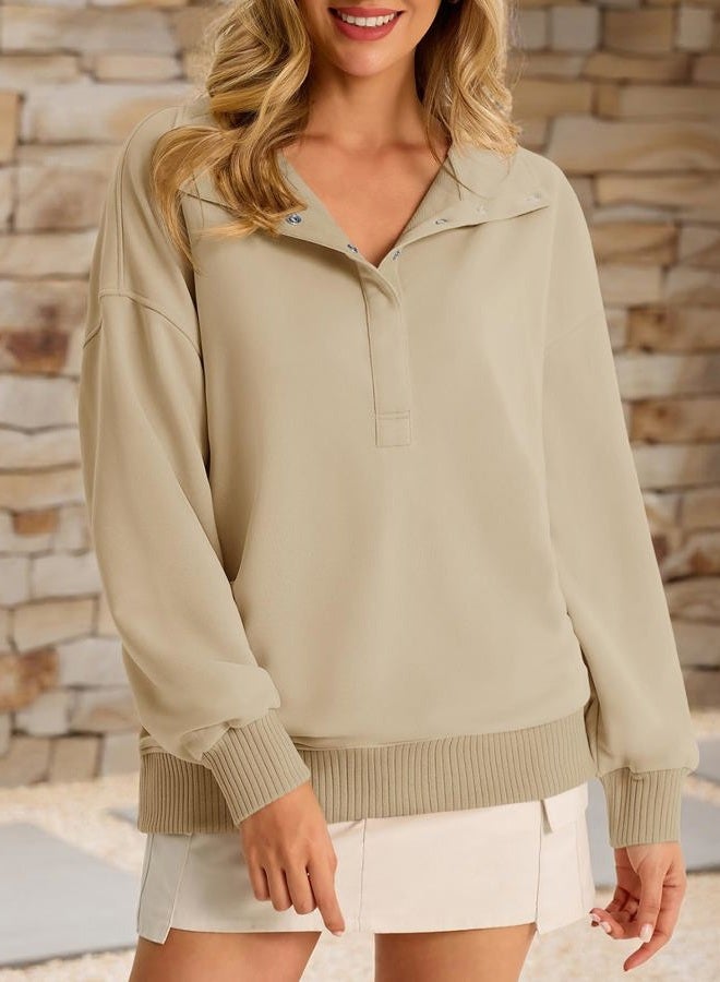Fisoew Womens Oversized Sweatshirts Casual Long Sleeve Snap Button Henley Neck Loose Fit Fall Pullover Tops, Khaki, XL - Image 2
