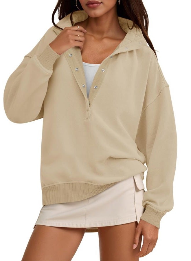 Fisoew Womens Oversized Sweatshirts Casual Long Sleeve Snap Button Henley Neck Loose Fit Fall Pullover Tops, Khaki, XL - Image 1