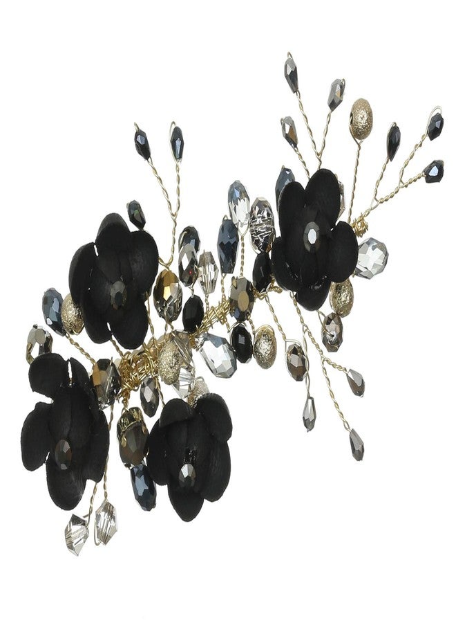 SAMKY Pack of 2 Handmade Jet Black Hematite Crystal Flower Hair Clips Gold T1249 - Image 2