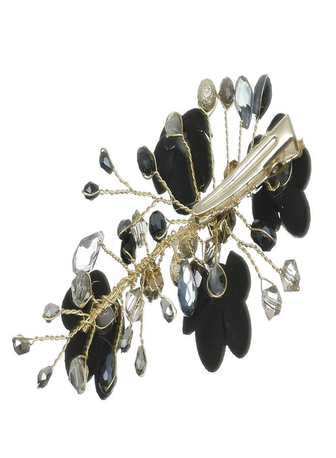 SAMKY Pack of 2 Handmade Jet Black Hematite Crystal Flower Hair Clips Gold T1249 - Image 5