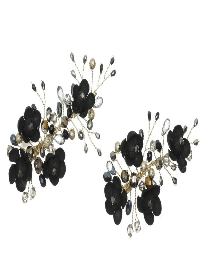 SAMKY Pack of 2 Handmade Jet Black Hematite Crystal Flower Hair Clips Gold T1249 - Image 1