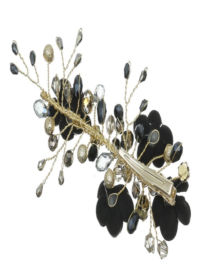 SAMKY Pack of 2 Handmade Jet Black Hematite Crystal Flower Hair Clips Gold T1249 - Image 3
