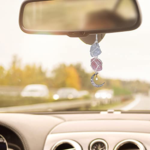 BOHO GARDEN Hanging Car Charm – Clear Quartz & Rose Quartz - Dangling Moon, Healing Crystal Accessories, Rearview Mirror Decorations –Healing, Clarity, Intuition, Love, Connection, Self-Worth, Energy - Image 2