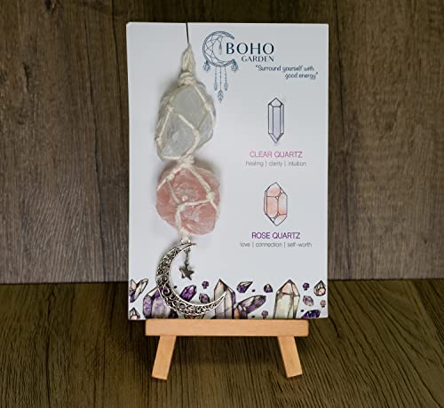BOHO GARDEN Hanging Car Charm – Clear Quartz & Rose Quartz - Dangling Moon, Healing Crystal Accessories, Rearview Mirror Decorations –Healing, Clarity, Intuition, Love, Connection, Self-Worth, Energy - Image 4