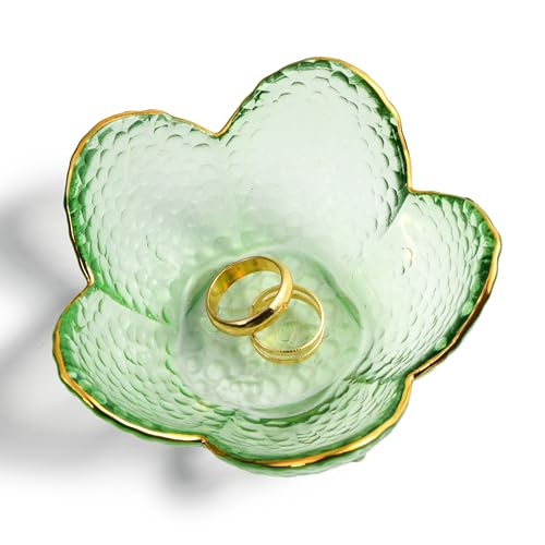 QIANCHANG Green Flower Jewelry Trinket Dish Glass Ring Holder Tray Small Trinket Bowl Gifts for Women - Image 1