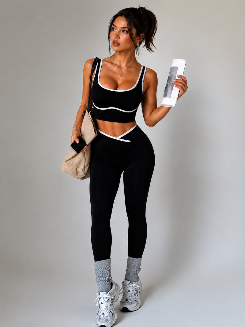 Women's Color-Block Yoga Set High-Waisted Fitness Leggings and Support Sports  Bra