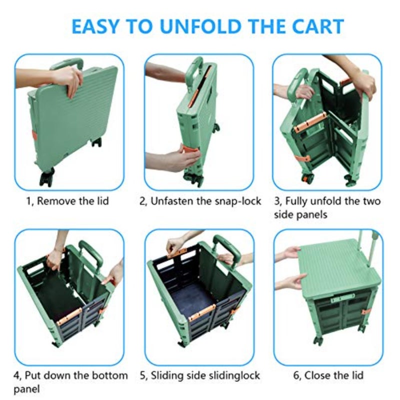 Folding Shopping Trolley, 54L/45kg Durable Multifunctional Portable Utility Trolley with Large Capacity with Telescopic Handle and 4 Detachable Swivel Wheels for Shopping and Transportation, Green - Image 4