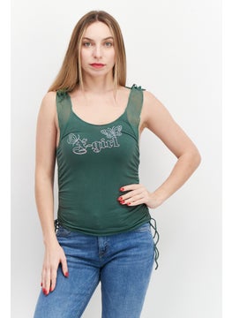 X-Girl Women U-Neck Tie Sleeves Rhinestone Top, Green  - Image 1