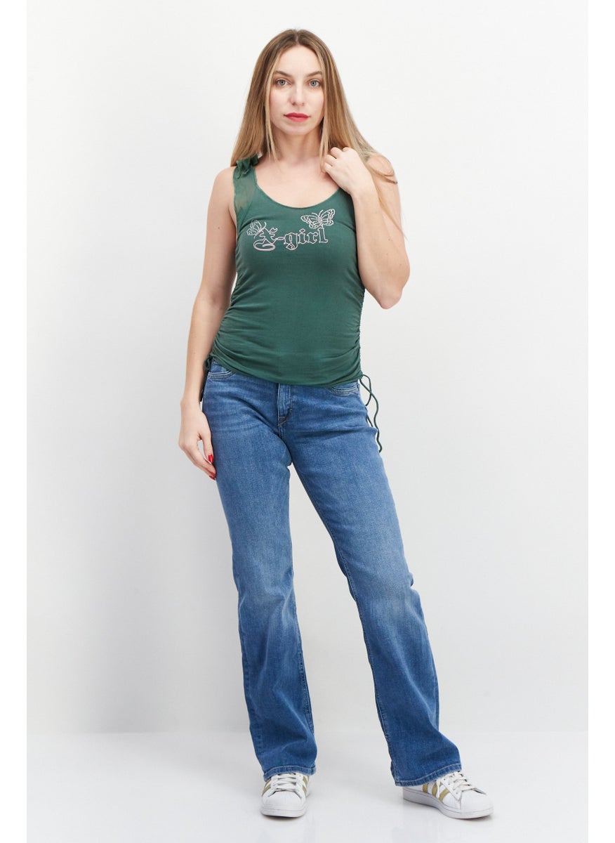 X-Girl Women U-Neck Tie Sleeves Rhinestone Top, Green  - Image 2