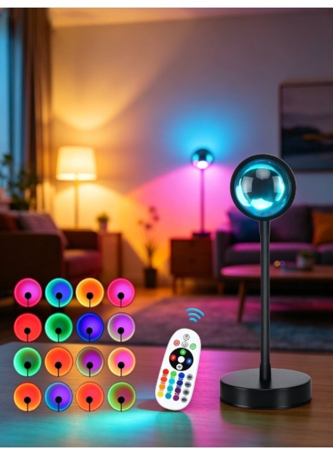مصباح غروب الشمس بـ 16 لونًا مع جهاز تحكم عن بعد، ضوء ليلي بإسقاط LED يدور 360 درجة - Image 1