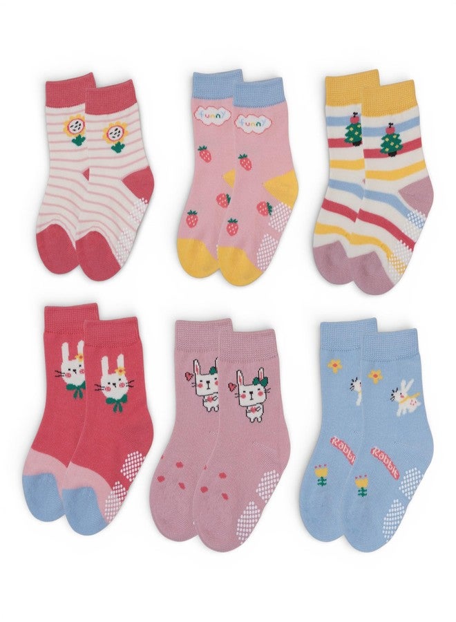 Secure Steps Anti Skid Socks for Kids - Soft Cotton Non Slip Socks for 0-12 Months | Newborn & Infant Crawling Socks | Safe Grip Baby Socks for Girls | Baby Girl | (Pack of 6) - Image 1
