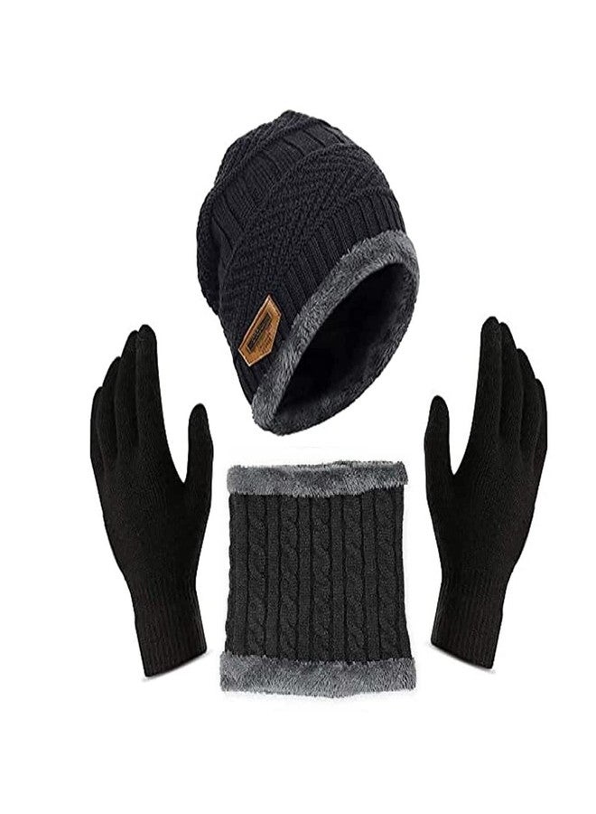 ATABZ Winter Knit Beanie Cap Hat Neck Warmer Scarf and Woolen Gloves Set for Men & Women (3 Piece) - Image 1