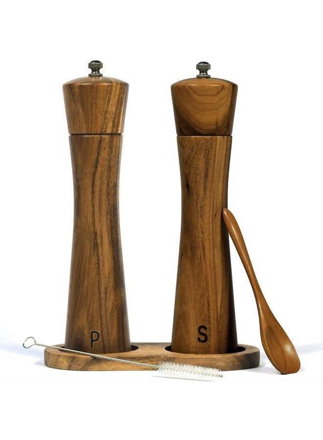 Finnhomy Salt and Pepper Grinder Set, Acacia Wood Adjustable Coarseness Pepper Mill with Wooden Stand, Cleaning Brush & Spoon, Pepper Grinder Refillable, 2 Pack Salt and Pepper Shakers, 8.5 Inches - Image 1