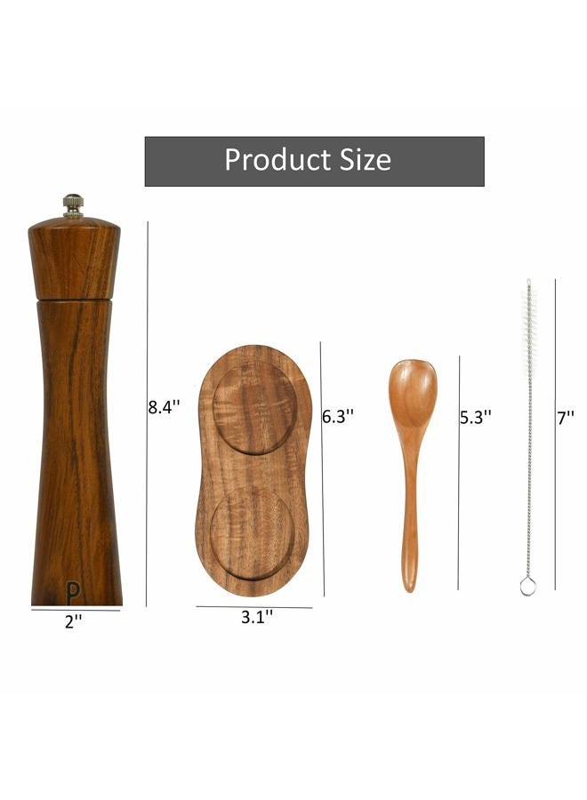 Finnhomy Salt and Pepper Grinder Set, Acacia Wood Adjustable Coarseness Pepper Mill with Wooden Stand, Cleaning Brush & Spoon, Pepper Grinder Refillable, 2 Pack Salt and Pepper Shakers, 8.5 Inches - Image 2