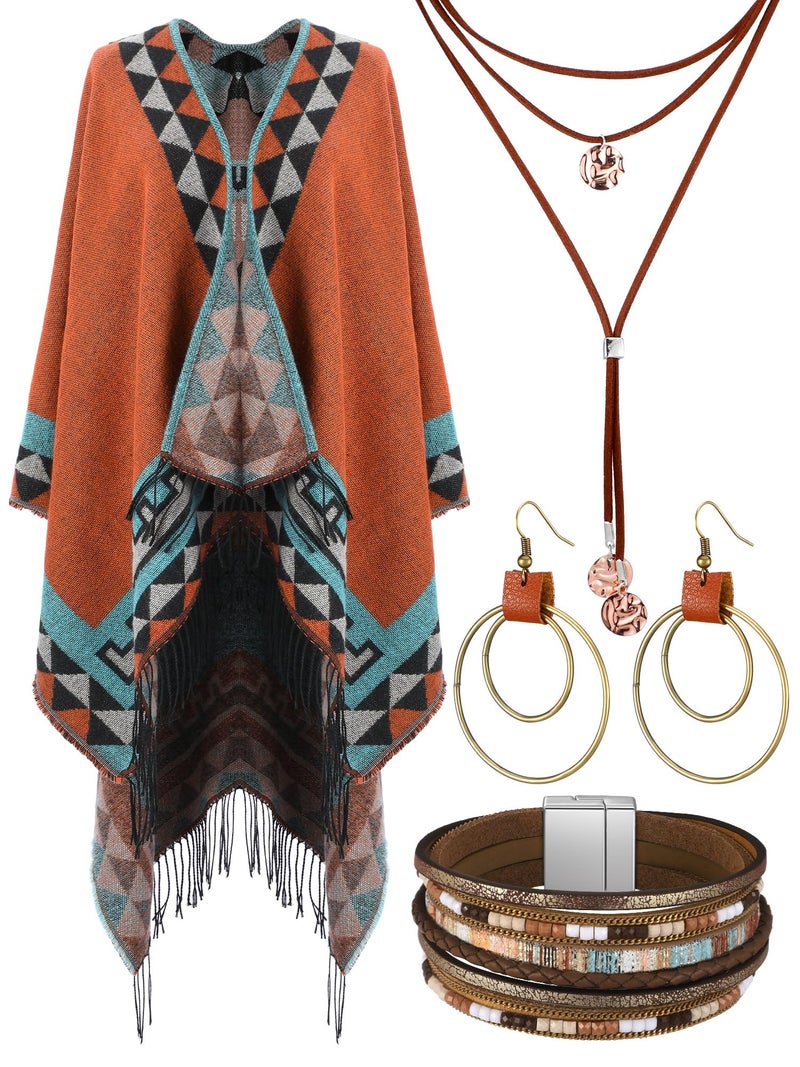Cutecrop 5 Pcs Indian Native American Clothing Western Jewelry Set for Women Open Front Cape Bohemian Layered Leather Necklace Bracelet Dangle Earrings Costume Accessories - Image 1
