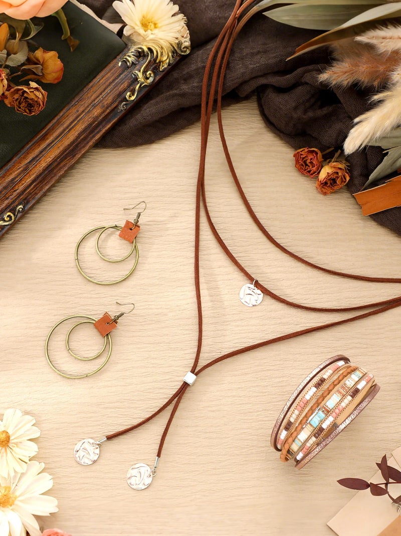 Cutecrop 5 Pcs Indian Native American Clothing Western Jewelry Set for Women Open Front Cape Bohemian Layered Leather Necklace Bracelet Dangle Earrings Costume Accessories - Image 3
