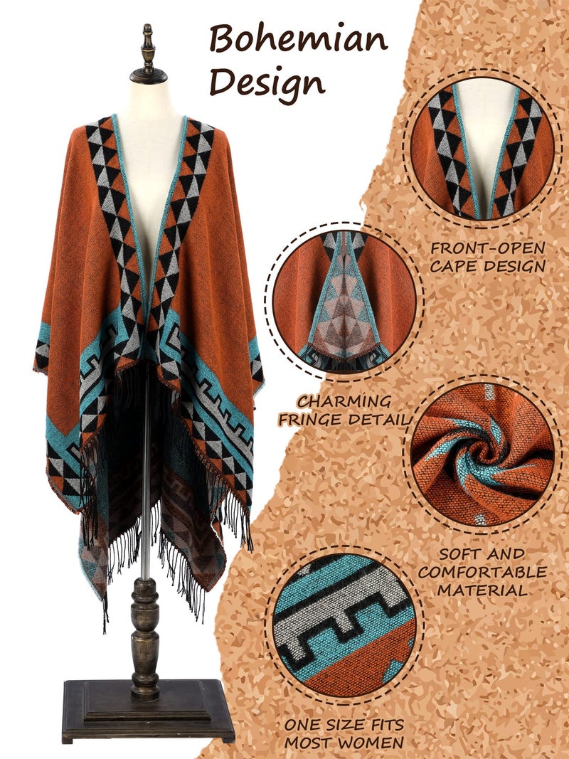 Cutecrop 5 Pcs Indian Native American Clothing Western Jewelry Set for Women Open Front Cape Bohemian Layered Leather Necklace Bracelet Dangle Earrings Costume Accessories - Image 5