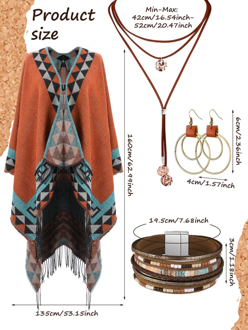 Cutecrop 5 Pcs Indian Native American Clothing Western Jewelry Set for Women Open Front Cape Bohemian Layered Leather Necklace Bracelet Dangle Earrings Costume Accessories - Image 2