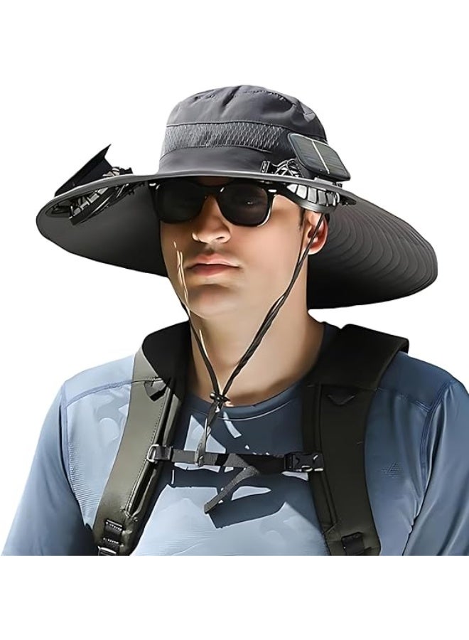JCD Outdoor Wide Brim Solar Fan Sun Hat for Men Women, UPF 50+ Bucket Fishing Beach Hat with Dual Fans - Image 1