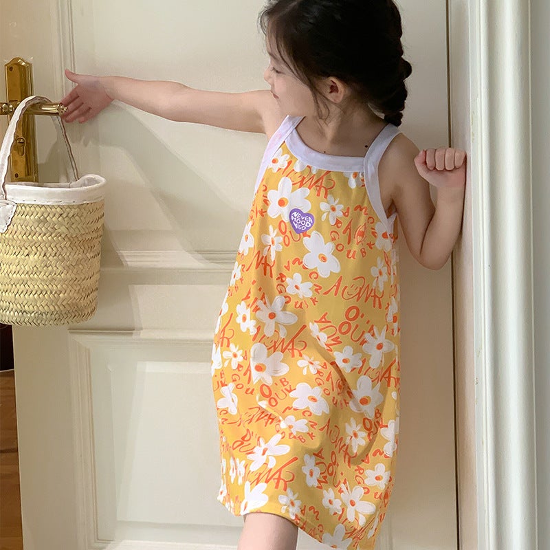 Summer Girls Suspender Skirt Cute Plaid Small And Medium-Sized Children'S Floral Home Dress Baby Beach Skirt Nightgown - Image 1