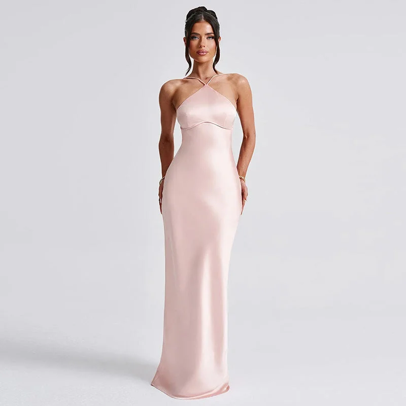 OUTZIDR Pink Halter Neck Fit & Flare Evening Wear Dress