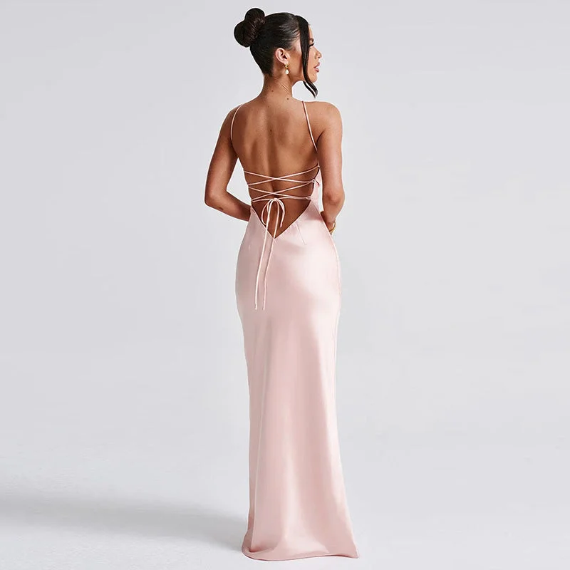 OUTZIDR Pink Halter Neck Fit & Flare Evening Wear Dress