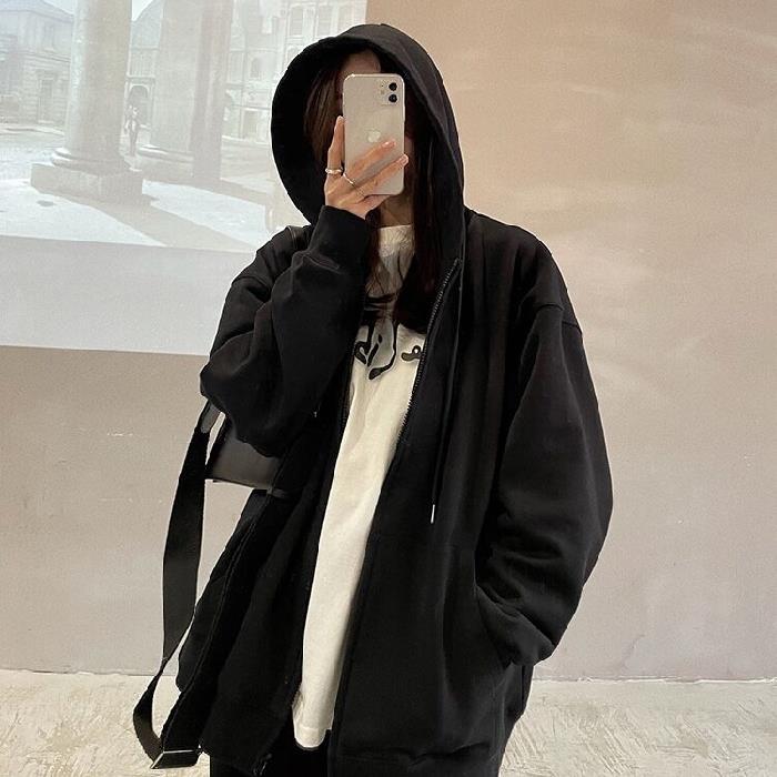 Heavyweight Fish Scale Hoodie Womens Casual Zip-Up Black - Image 1