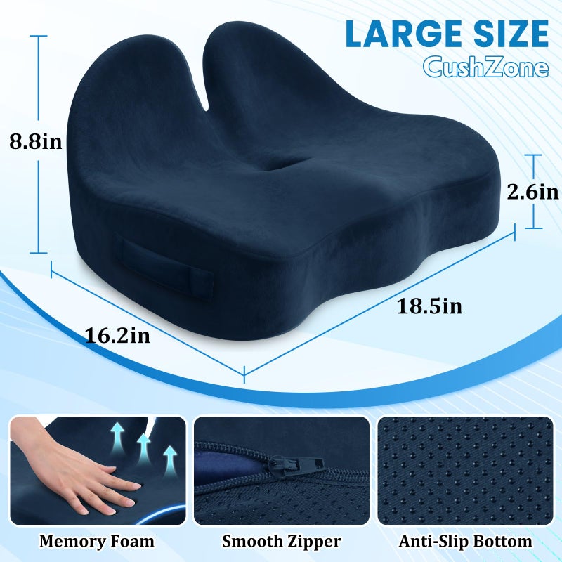 CushZone Seat Cushion, Memory Foam Office Chair Seat Cushion for Office Chairs/Car/Long Trip/Desk Chair/Gaming, Extra Large Size for Sciatica & Hip & Tailbone Pain Relief, Sciatica Support (Blue) - Image 2