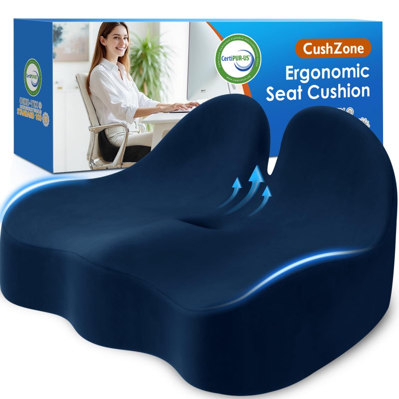 CushZone Seat Cushion, Memory Foam Office Chair Seat Cushion for Office Chairs/Car/Long Trip/Desk Chair/Gaming, Extra Large Size for Sciatica & Hip & Tailbone Pain Relief, Sciatica Support (Blue) - Image 1