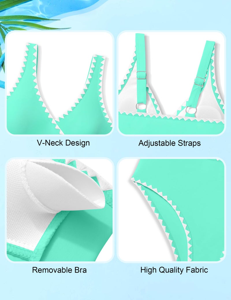 KANGKANG Girls Swimsuit Bikini Set, Teen Swimsuits for Girls 12-14 Solid Color V-Neck Two Piece Bathing Suit with Chest Pad Adjustable Straps Swimwear Set - Image 4