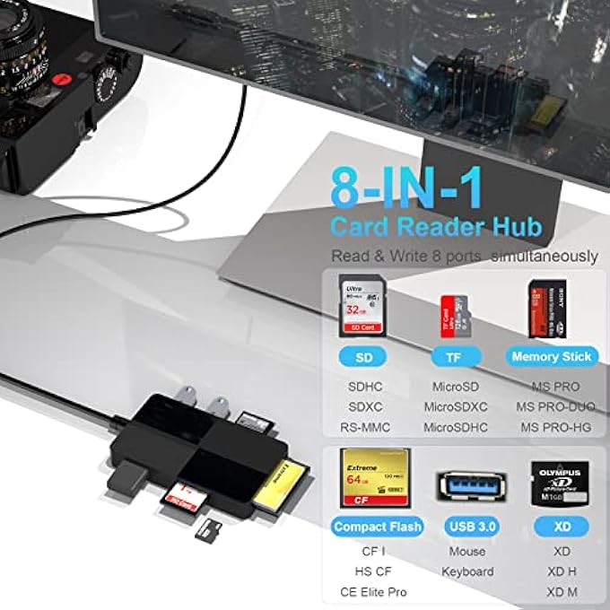 rayihni MEMORY STICK PRO DUO ADAPTER, USB C + USB 3.0 MULTI CARD READER FOR MS/SD/TF/XD/CF/, 8 IN 1 MEMORY CARD READER (USB A) - Image 2