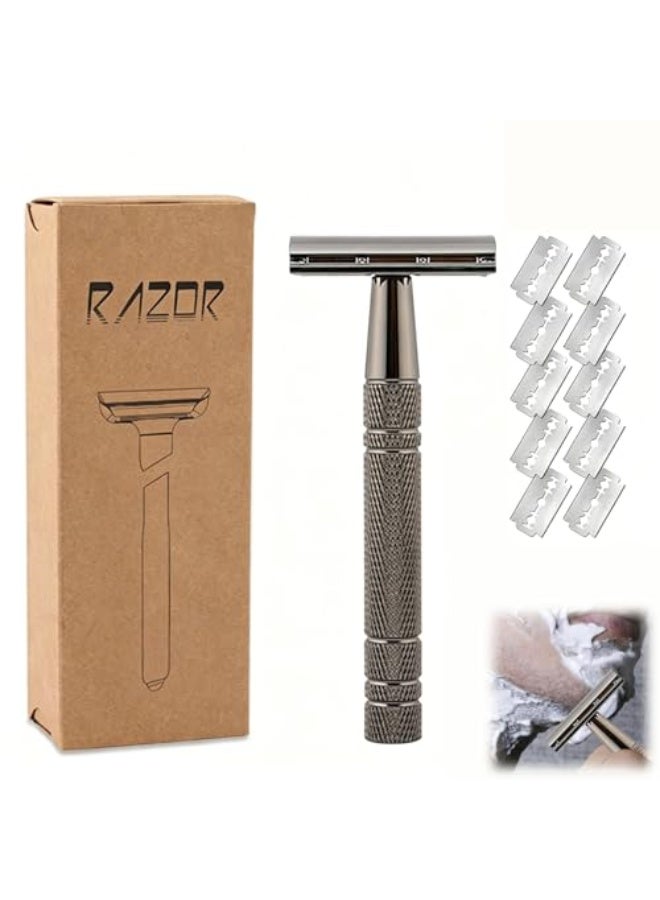 Razor Double Edge Safety Razor, Single Blade Razor with 10 Platinum Coated Blades, Anti-slip Handle Metal Reusable Razor for Smooth Shaving for Men Women (Black) - Image 1