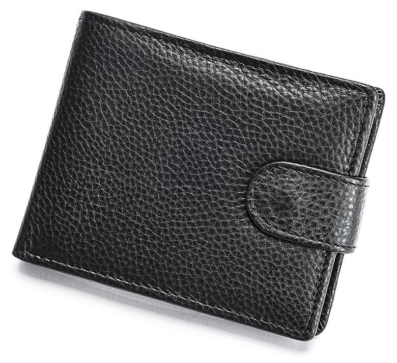 محفظة نحيفة سوداء قابلة للطي، تحتوي على 5 فتحات للبطاقات + 3 حجرات للفواتير، وجيب للصورة الشخصية وجيب للعملات المعدنية مع قفل كبس - Image 1