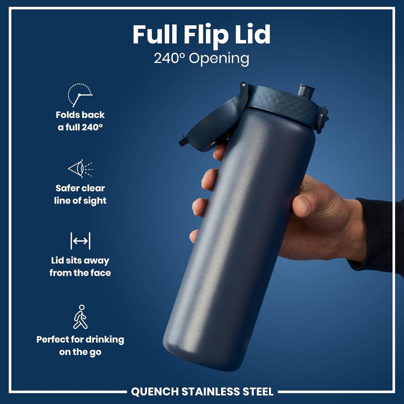 ION8 Lightweight 1 Litre Steel Water Bottle, Non-Insulated, Leak Proof, Easy to Open, Secure Lock, Dishwasher Safe, Flip Cover, Carry Handle, Ideal for Travel & Active Lifestyles - Image 3