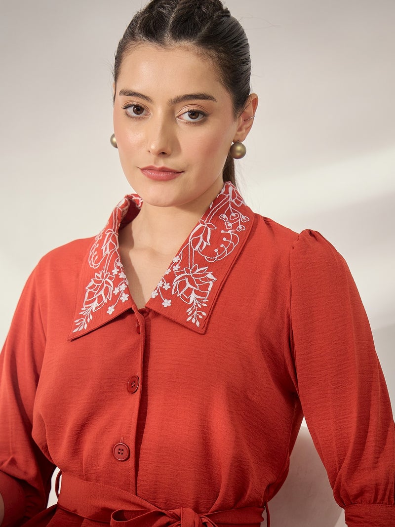 بانيت طقم متناسق (Co-ord Set) قميص مطرَّز بياقة كلاسيكية مع بنطلون - برتقالي داكن - Image 3