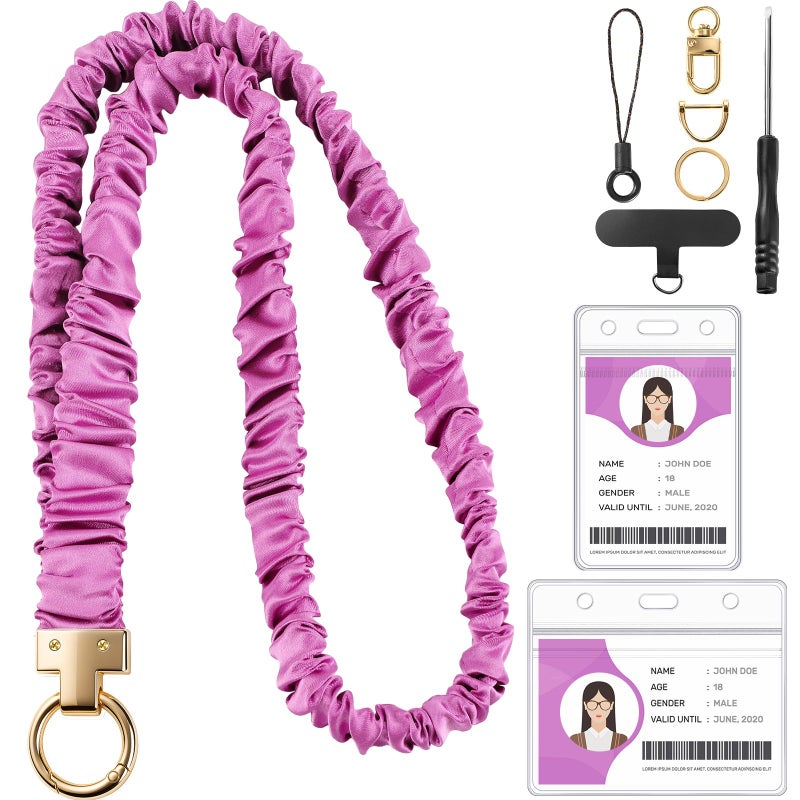 Prudiut Scrunchie Lanyard for Id Badges, Retractable Teacher Lanyards Black Stretchy Scrunchie Lanyard with Id Holder for Women (Purple) - Image 1