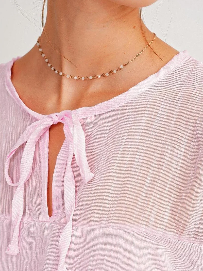 MixRay Powder Pink Mixray Frilly Blouse with Bow Detail for Women | Best Price UAE