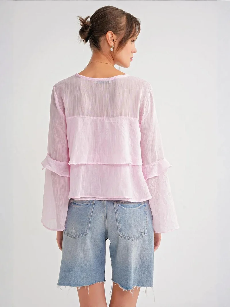 MixRay Powder Pink Mixray Frilly Blouse with Bow Detail for Women | Best Price UAE