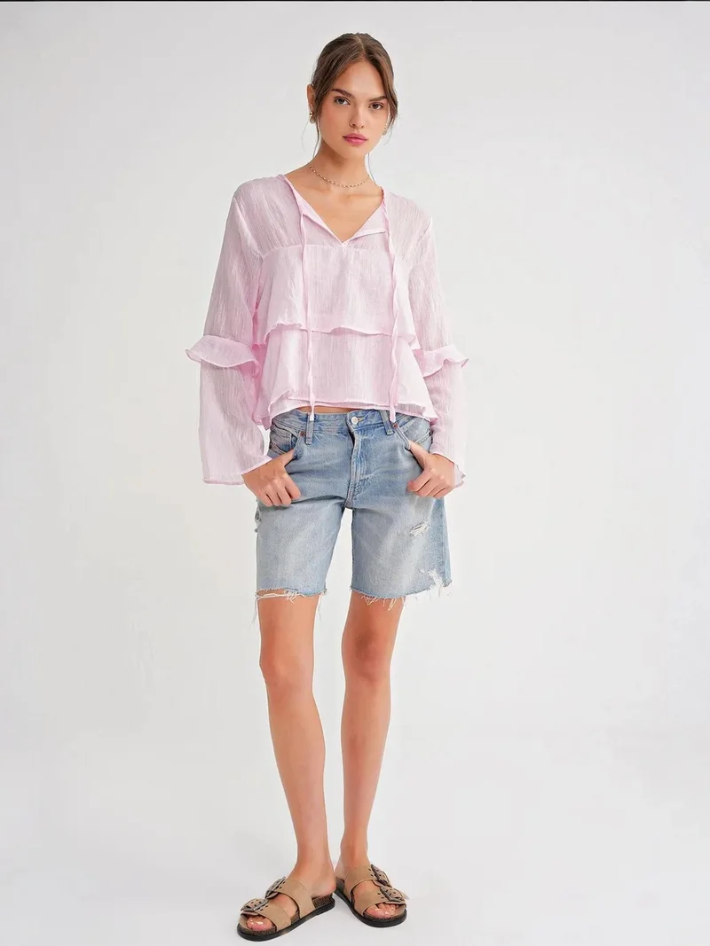 MixRay Powder Pink Mixray Frilly Blouse with Bow Detail for Women | Best Price UAE