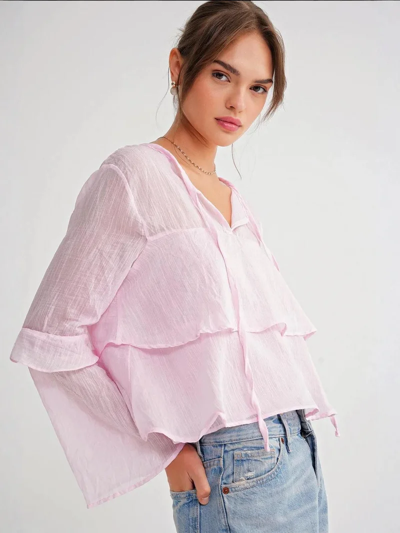 MixRay Powder Pink Mixray Frilly Blouse with Bow Detail for Women | Best Price UAE
