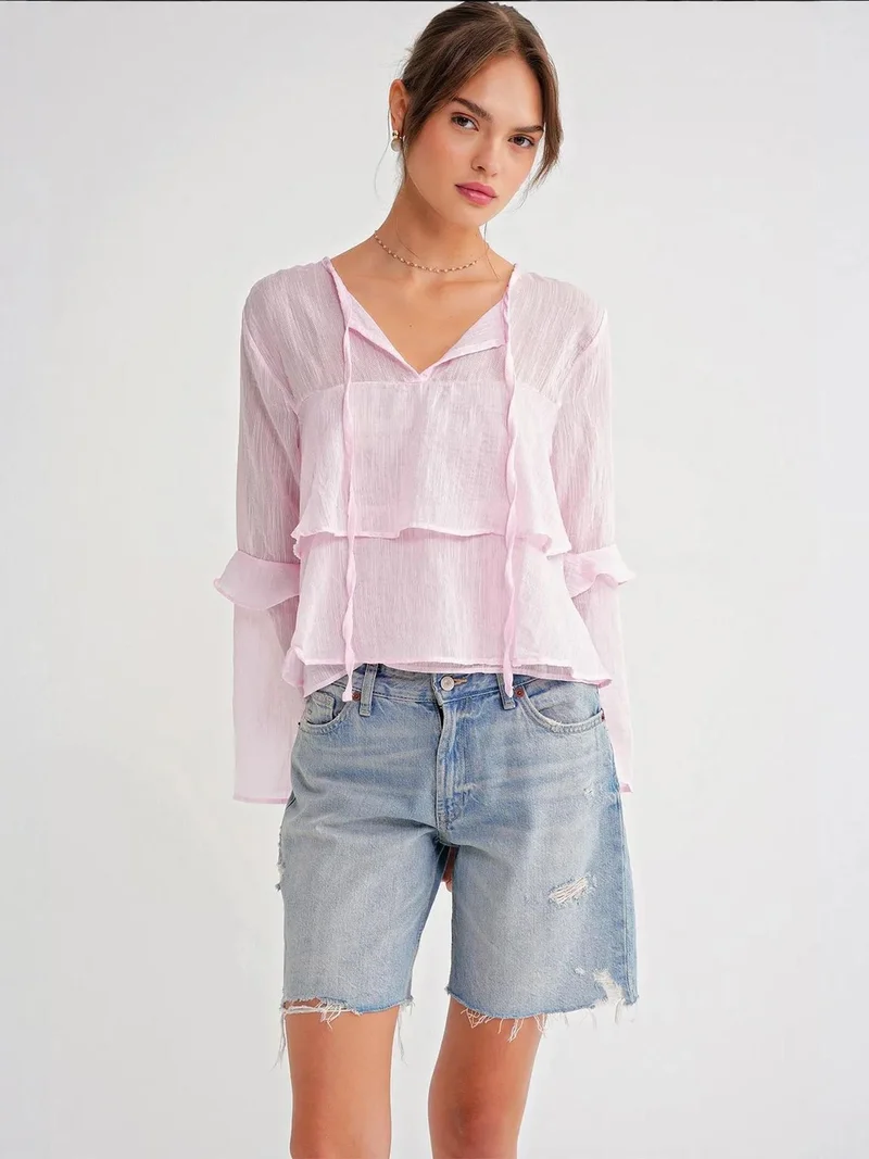 MixRay Powder Pink Mixray Frilly Blouse with Bow Detail for Women | Best Price UAE